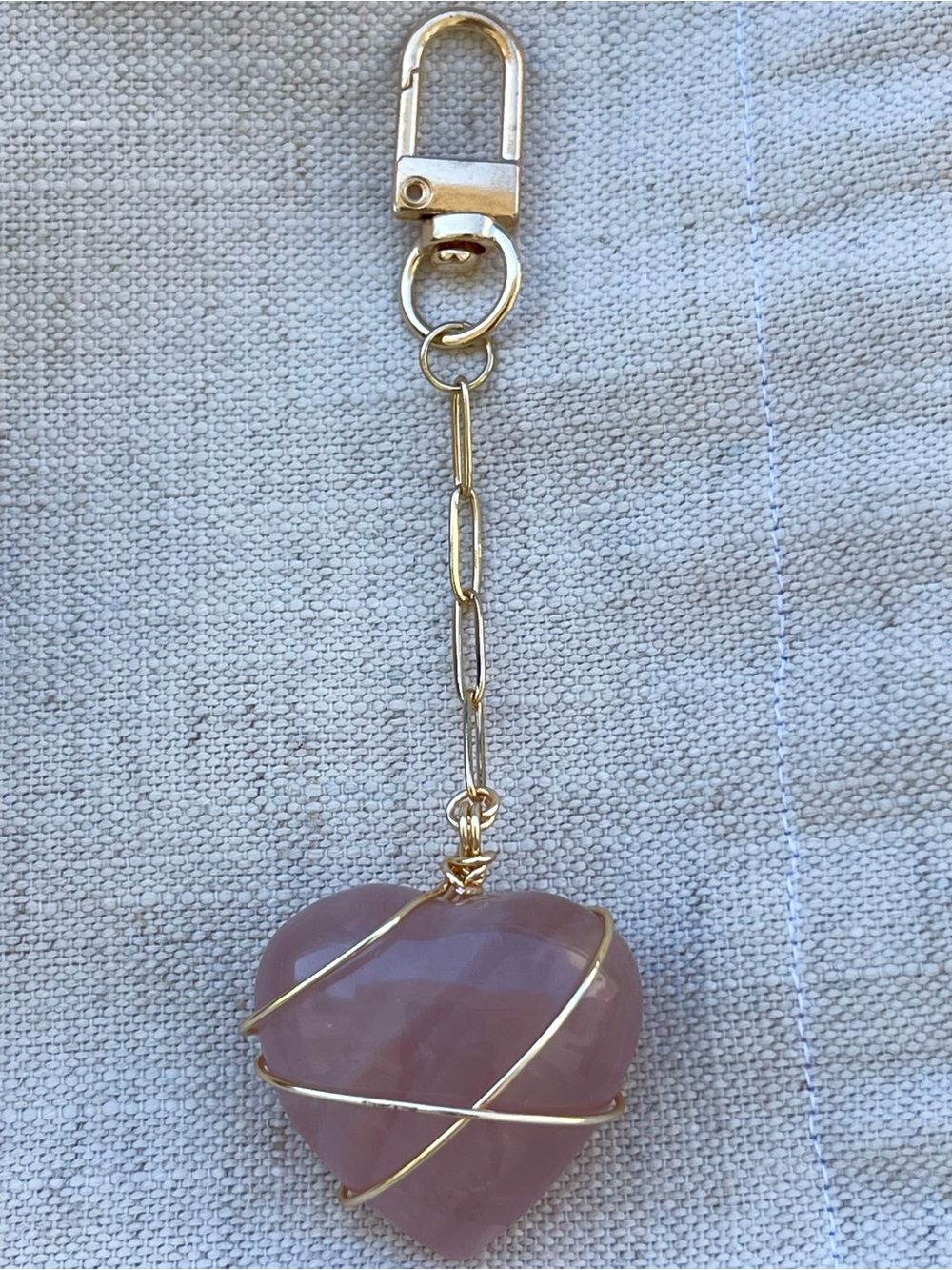 Rose Quartz Heart Bag Charm Gold